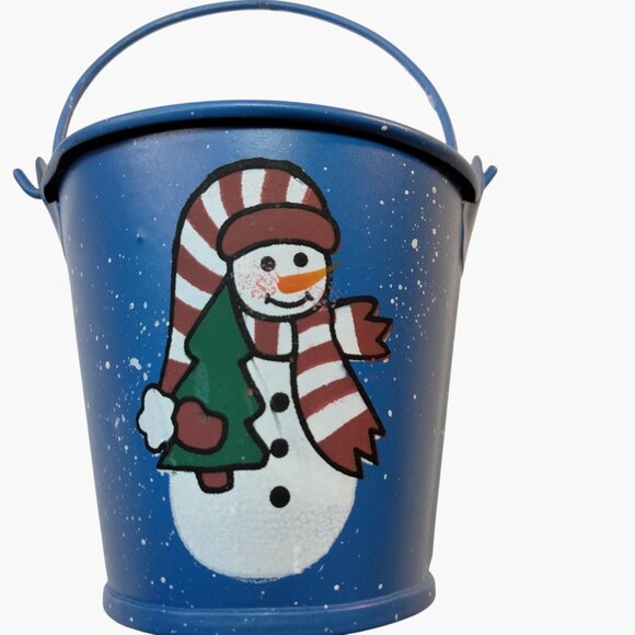 Blue galvanized bucket Candle Snowman Mini Terrys Village 3 inch - Picture 1 of 9